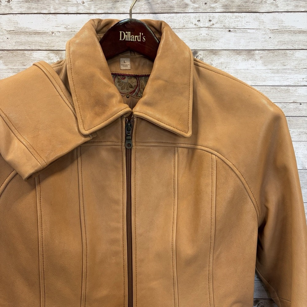 Vtg Y2K Wilsons Womens L Leather Jacket Cognac Tan Fitted Paisley Lined Distress